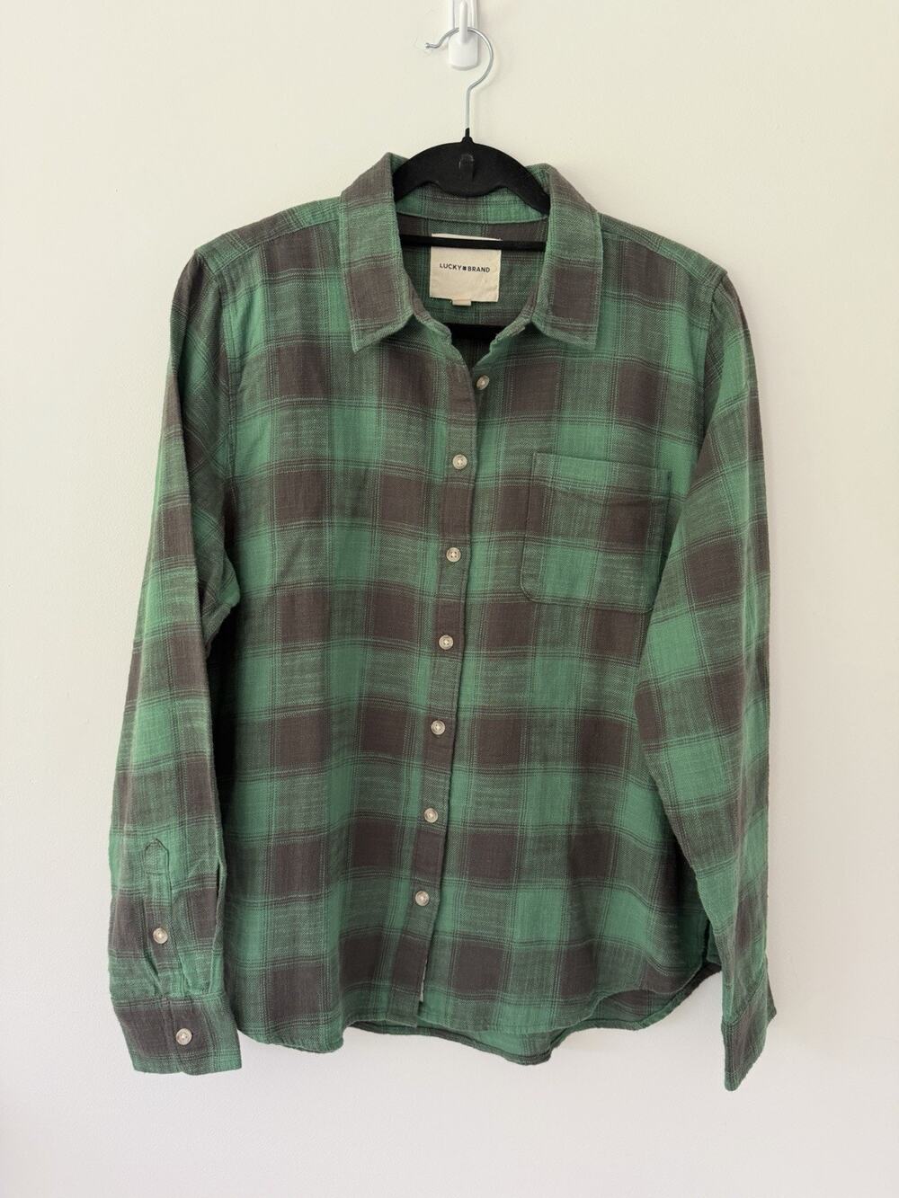 Lucky Brand Plaid Flannel M Green Green Granola Boho Outdoorsy 100% Cotton